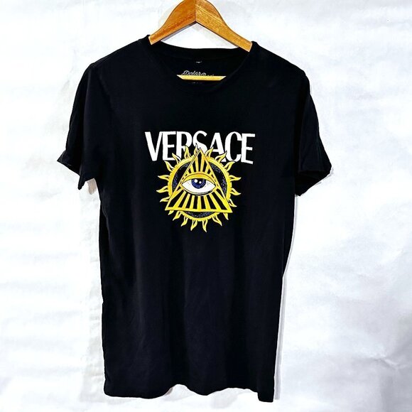 Vintage VERSACE Illuminati Pyramid Eye Sun Black Short Sleeve Shirt - Picture 1 of 6